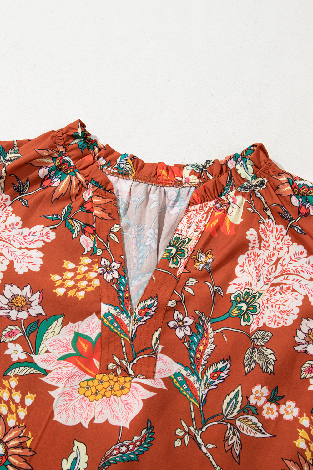 Brown Floral Stitched V Neck Puff Short Sleeve Blouse