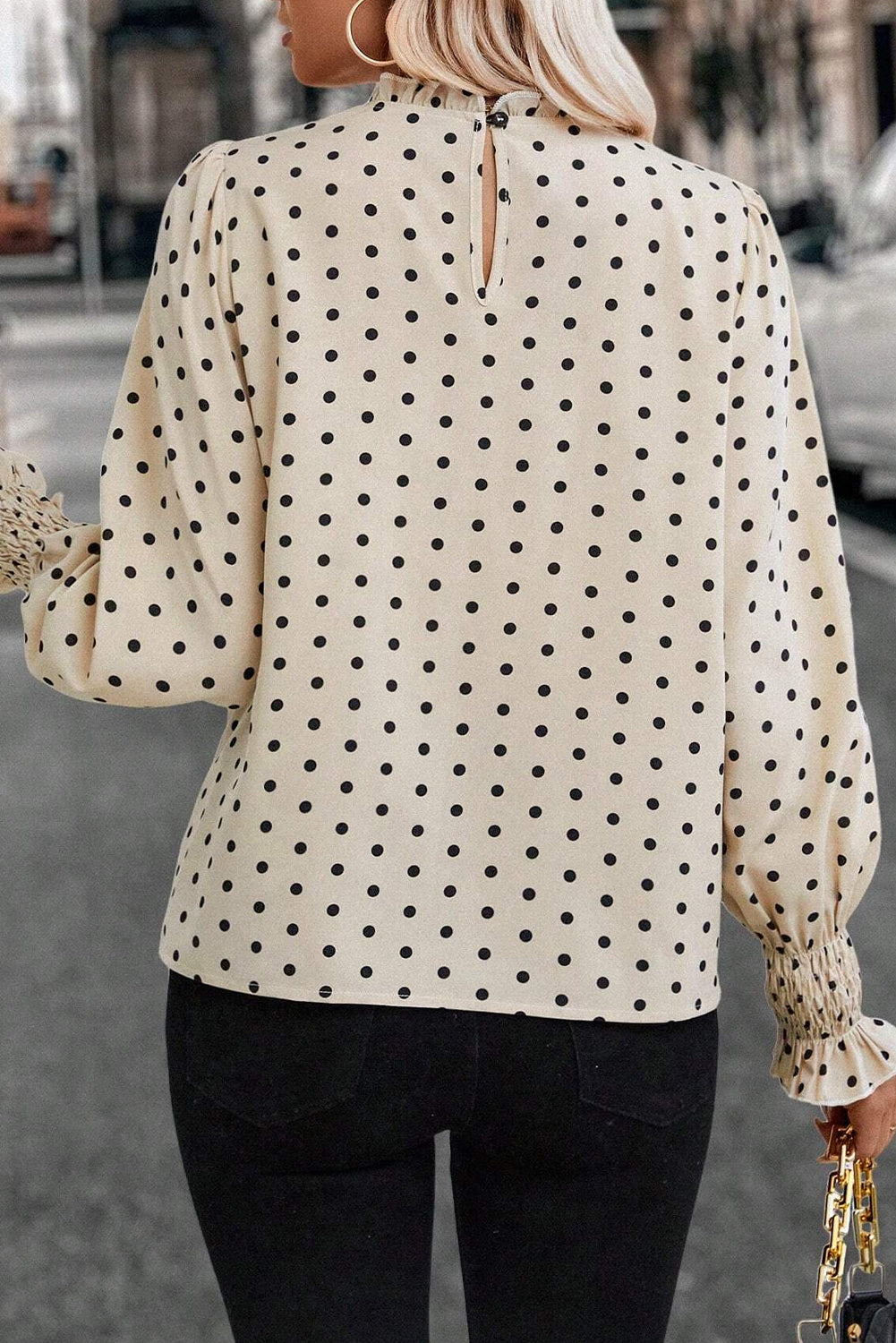 Polka Dot Print Frill Neck Smocked Sleeve Blouse