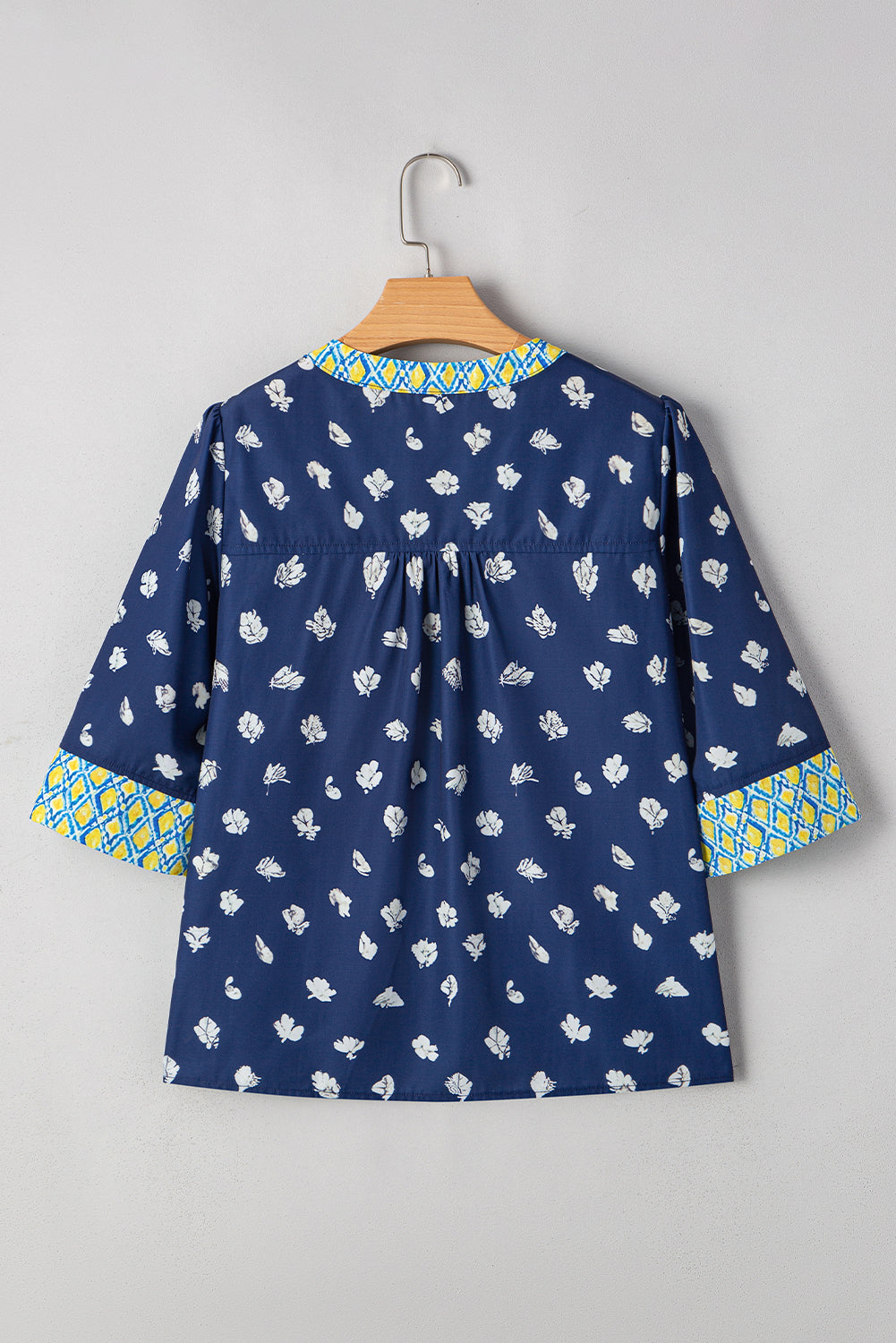 Floral Print Pop of Color V Neck Patchwork Blouse