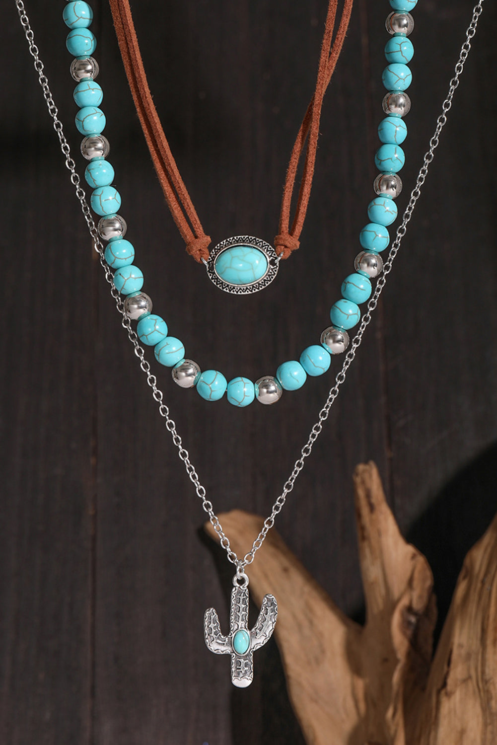 Turquoise Vintage Cactus Pendant Beaded Necklace Set