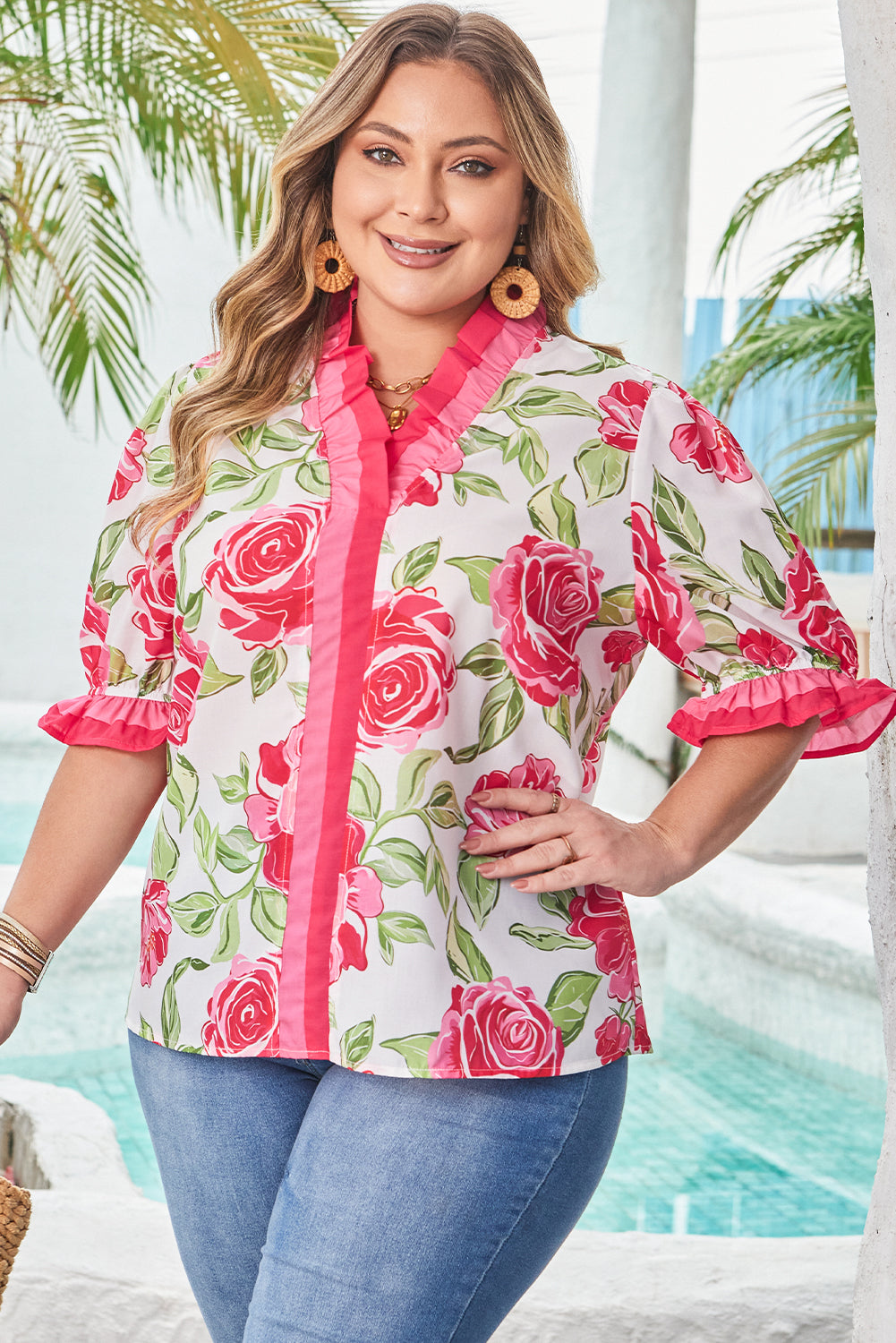 Rose Floral Print Short Sleeve Blouse Plus Size