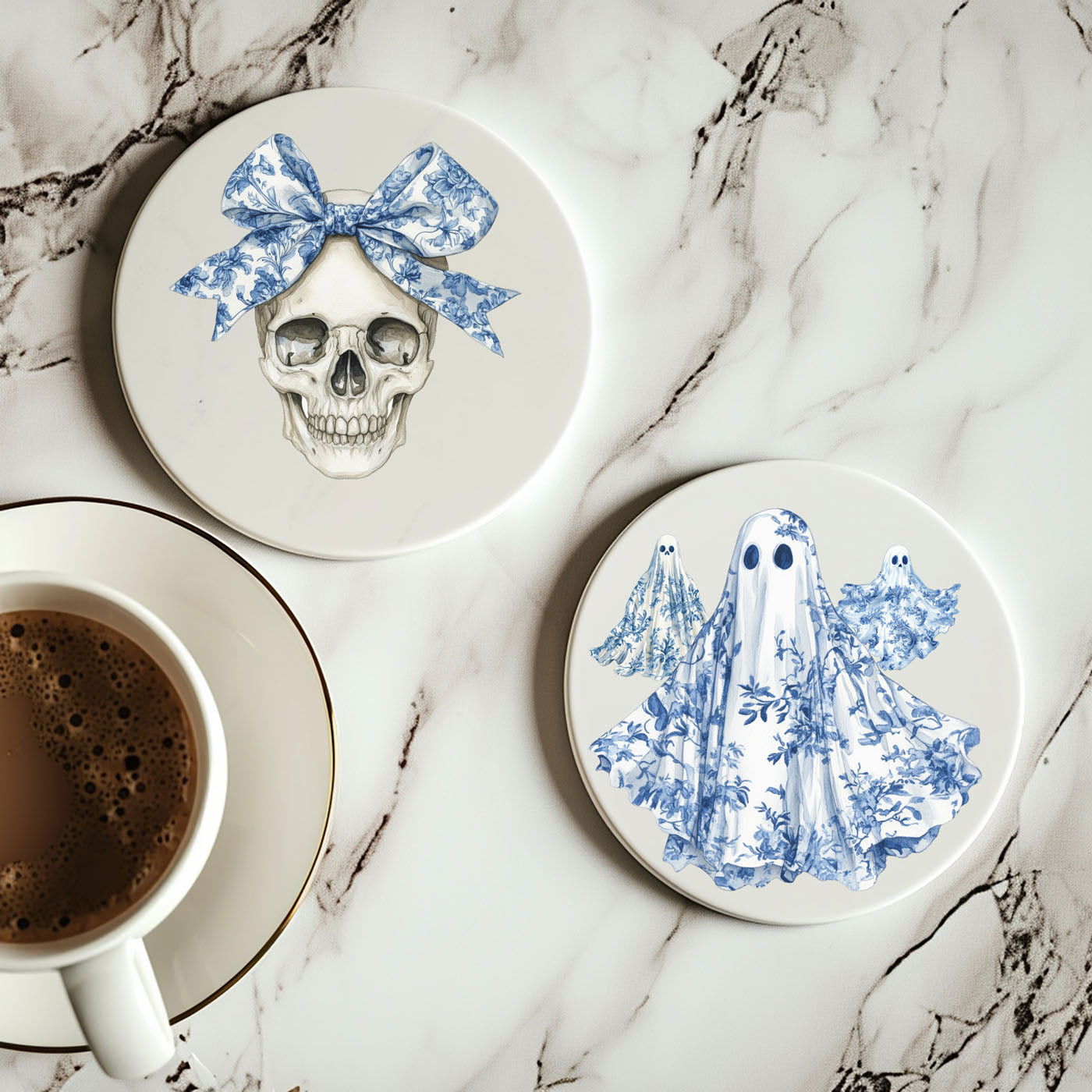 Chinoiserie Blue & White Halloween Coasters Set