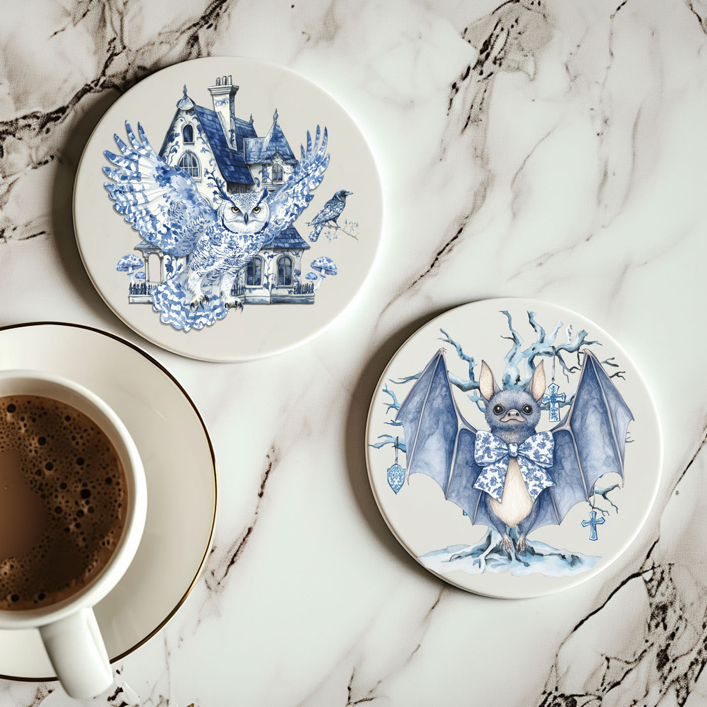 Chinoiserie Blue & White Halloween Coasters Set