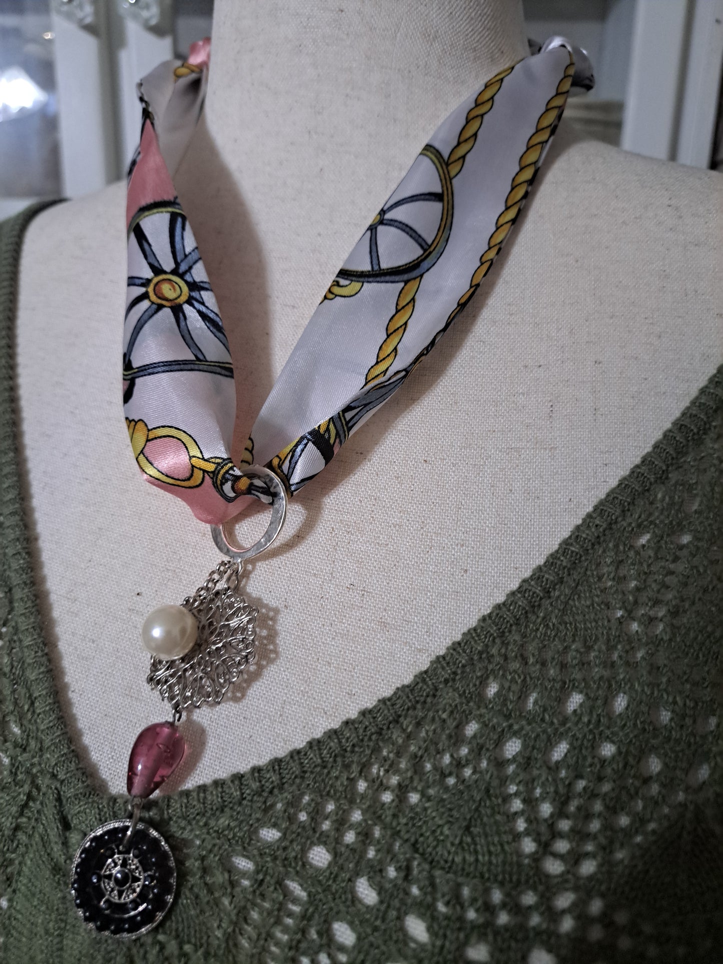Pink & White Anchor Print Scarf Necklace with Compass Style Charm & Pendant