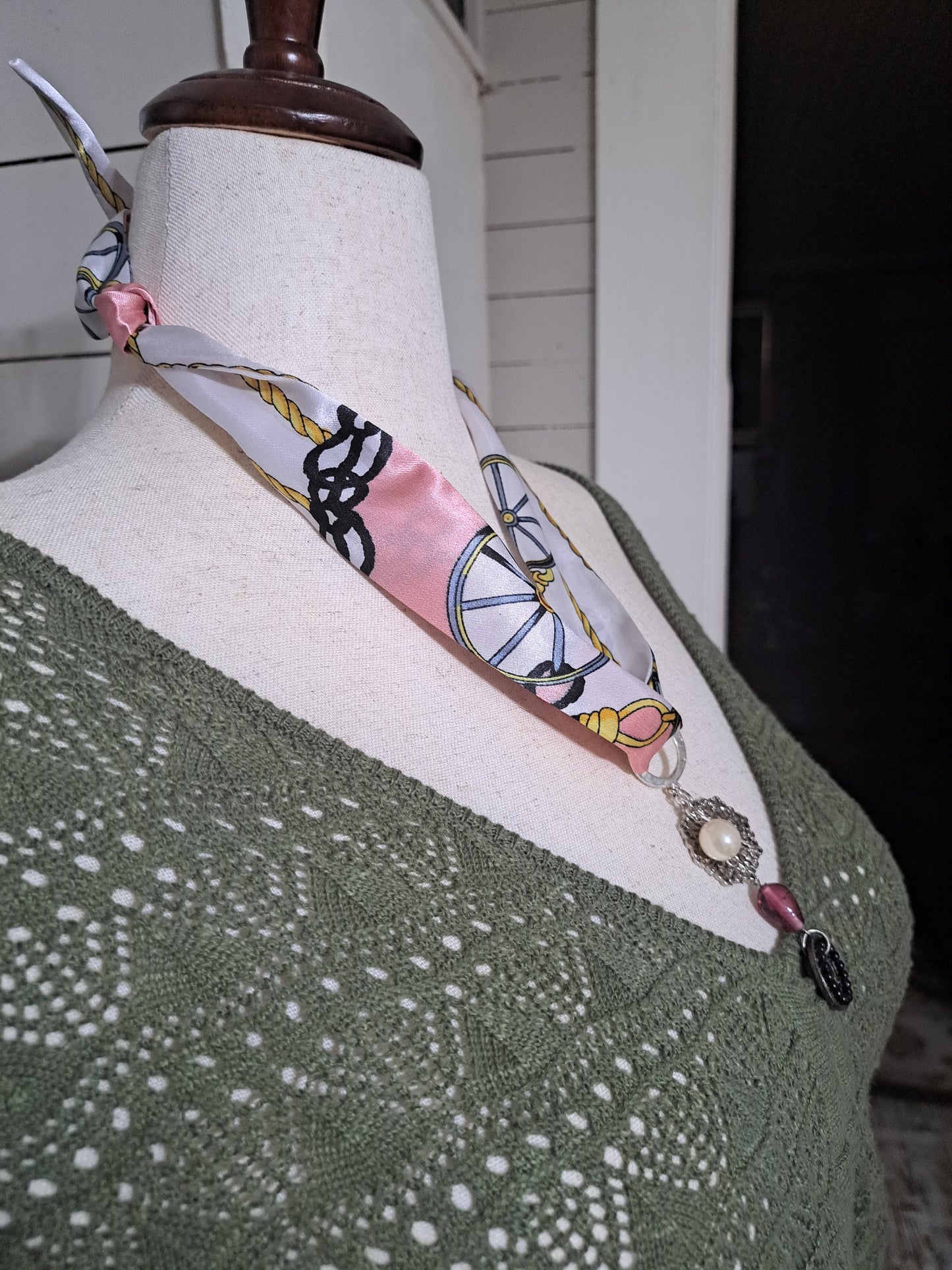 Pink & White Anchor Print Scarf Necklace with Compass Style Charm & Pendant
