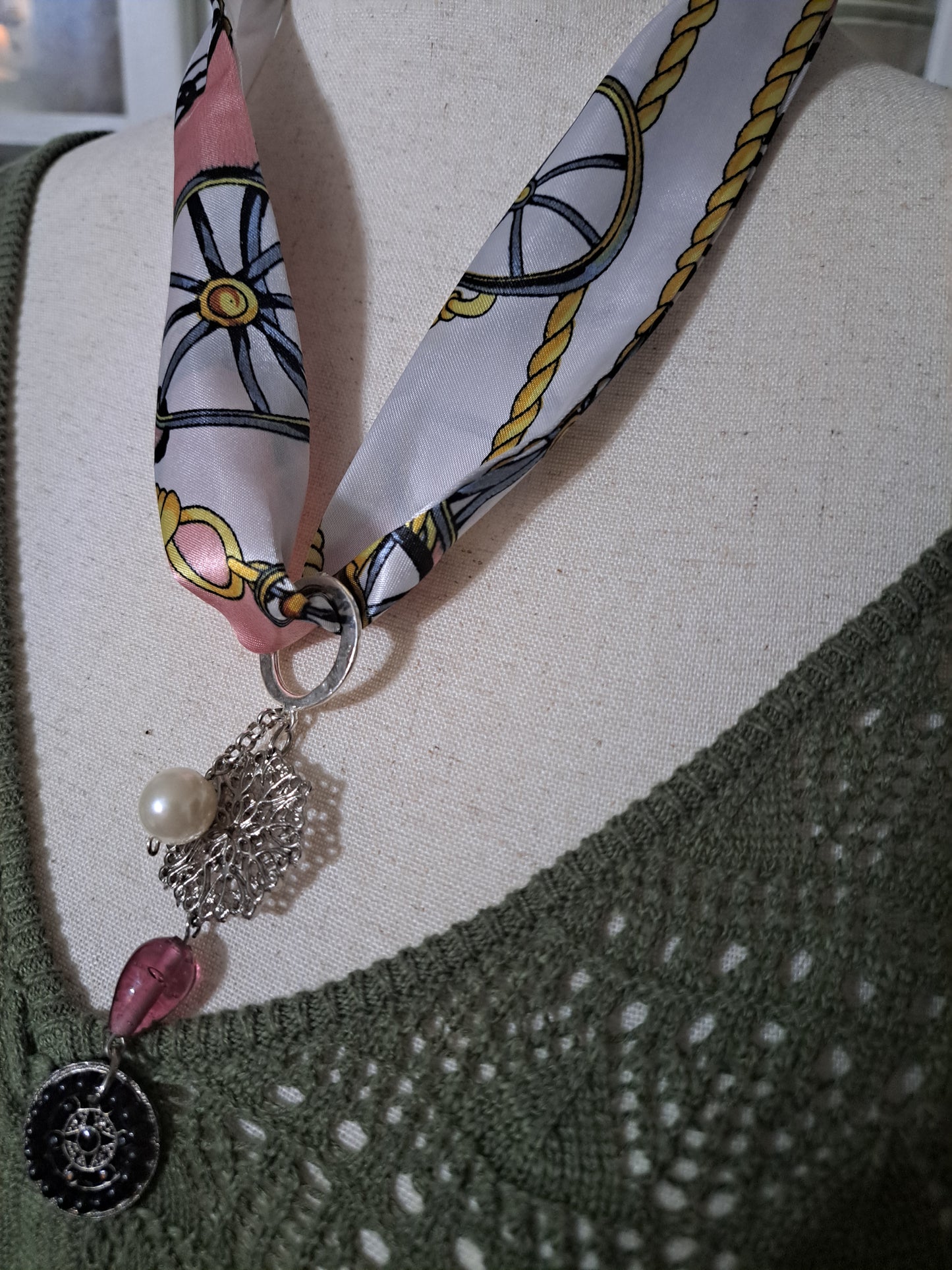 Pink & White Anchor Print Scarf Necklace with Compass Style Charm & Pendant