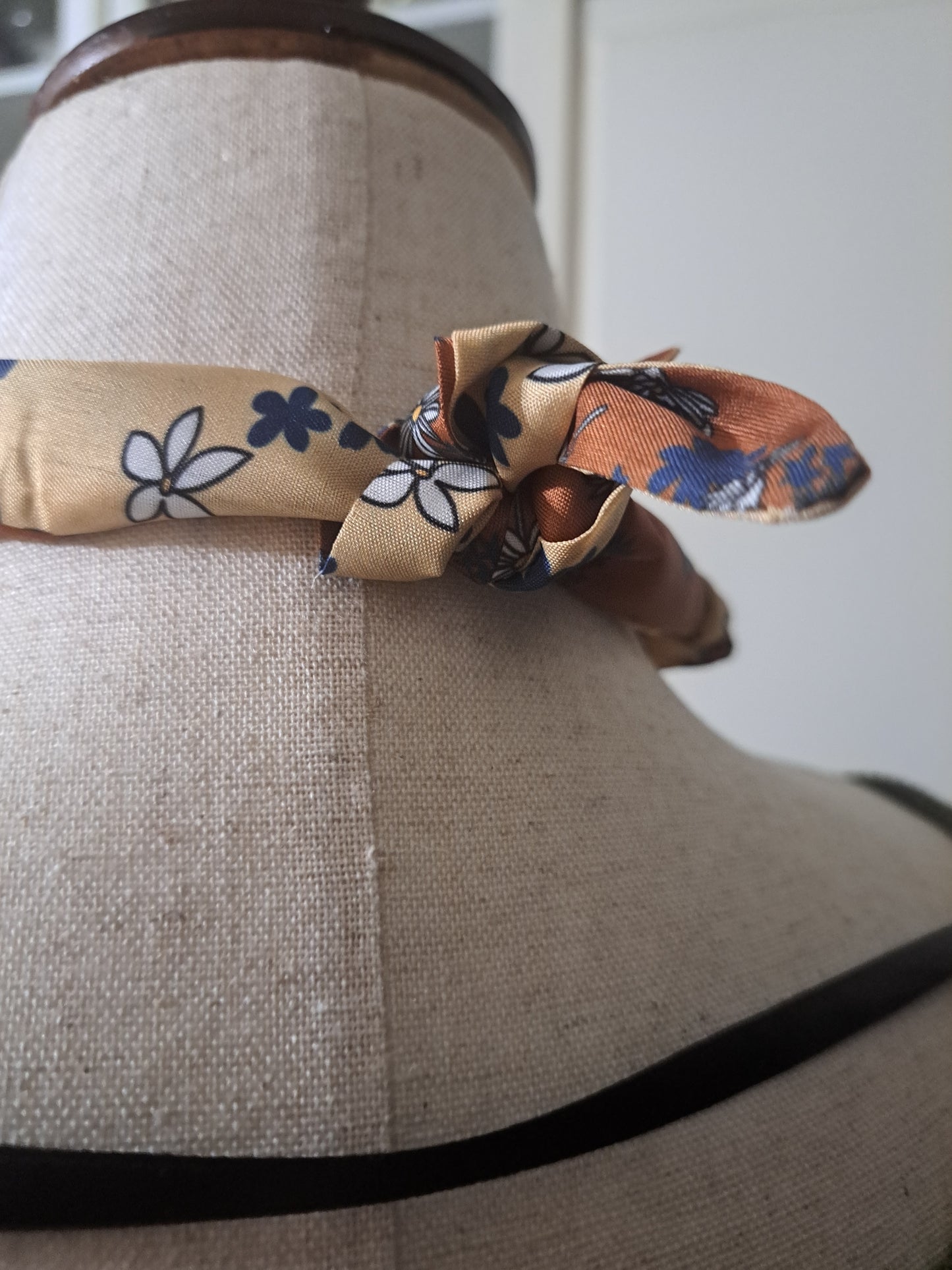 Delicate Flower Print Scarf Necklace in Bronze & Cream with Antique Charm Pendant