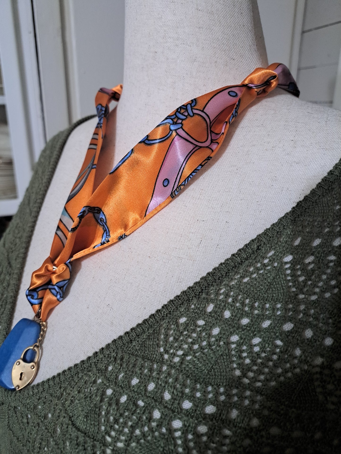 Electric Orange Scarf Necklace with Gold Locket & Dyed Halite
