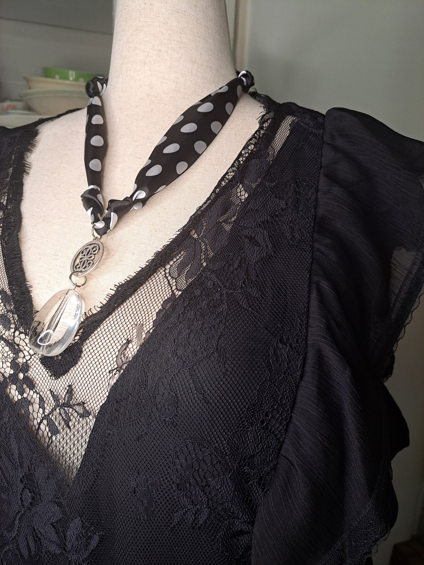 Retro Polka Dot Scarf Necklace with Dramatic Lucite Teardrop