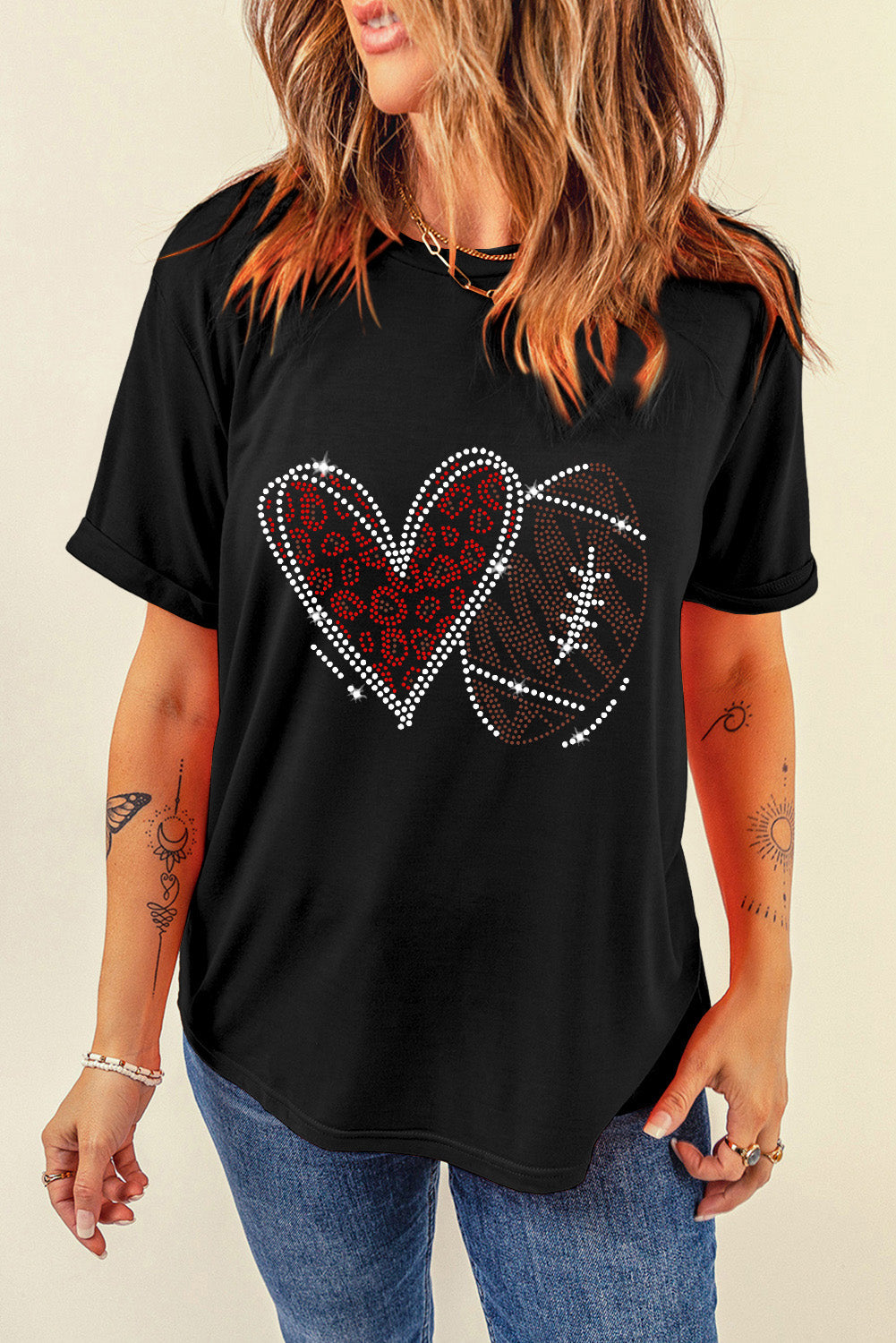 Black Rhinestone Heart Shape Graphic Tee