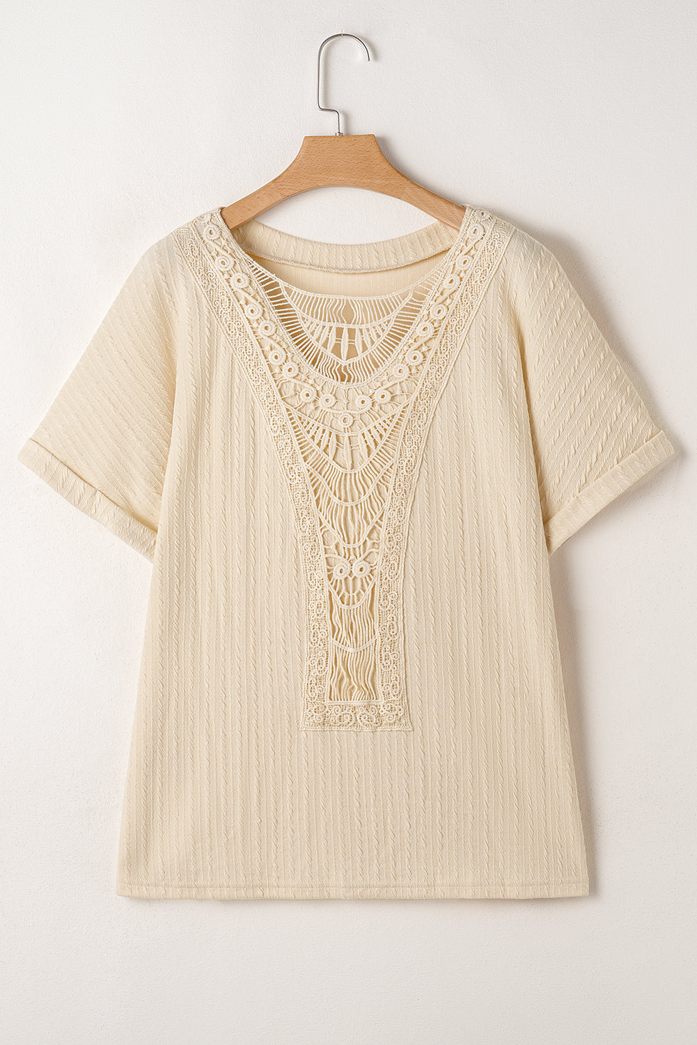 Beige Lace Crochet Short Sleeve Plus Size Top