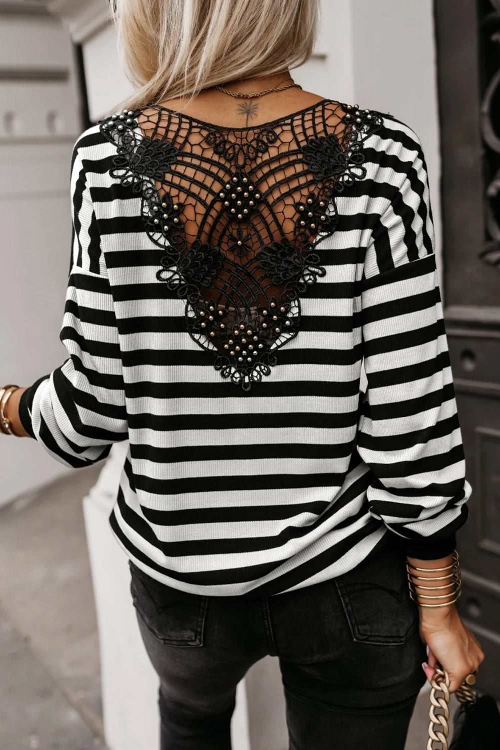 Black Stripe Crochet Hollow-out Shoulder Buttoned Decor V Neck Top