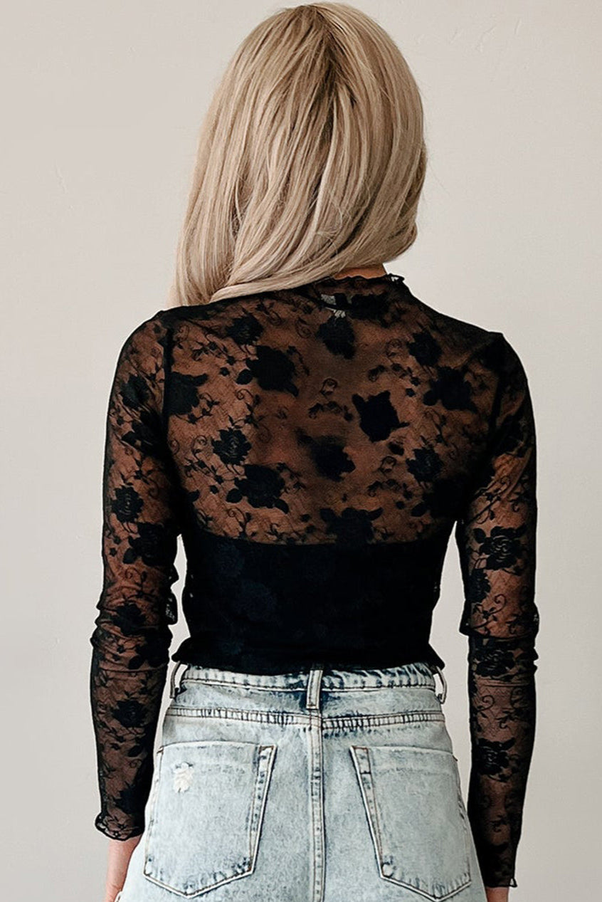 Mock Neck Floral Lace Mesh Long Sleeve Top