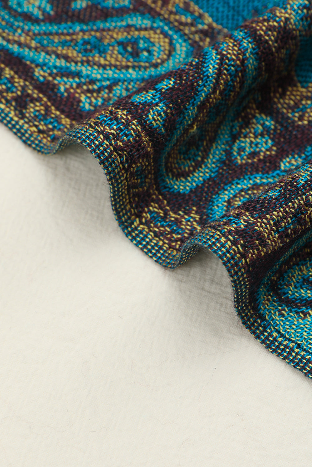 Peacock Blue Retro Paisley Print Tassel Trim Scarf