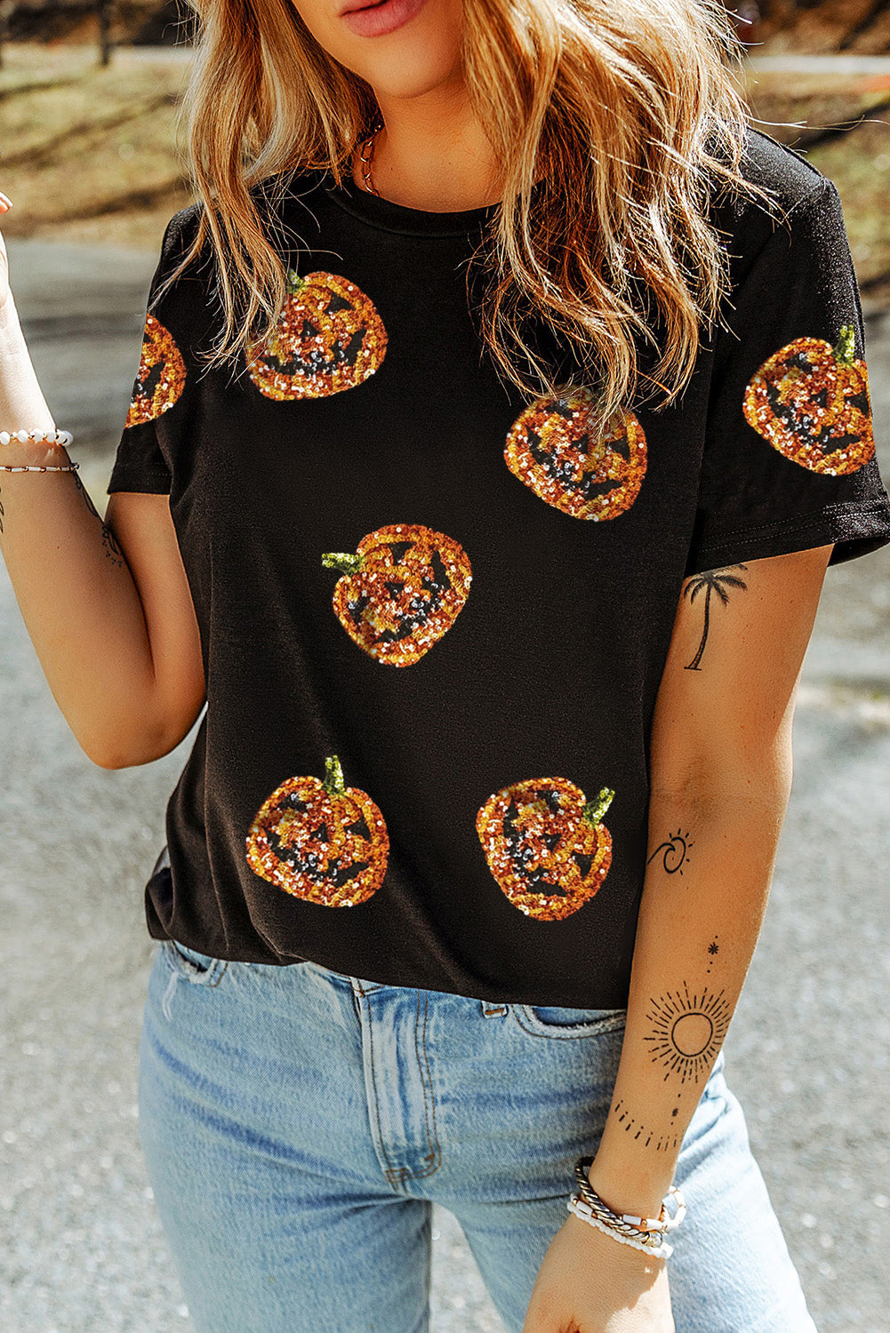 Black Halloween Sequin Pumpkin Face Graphic Tee