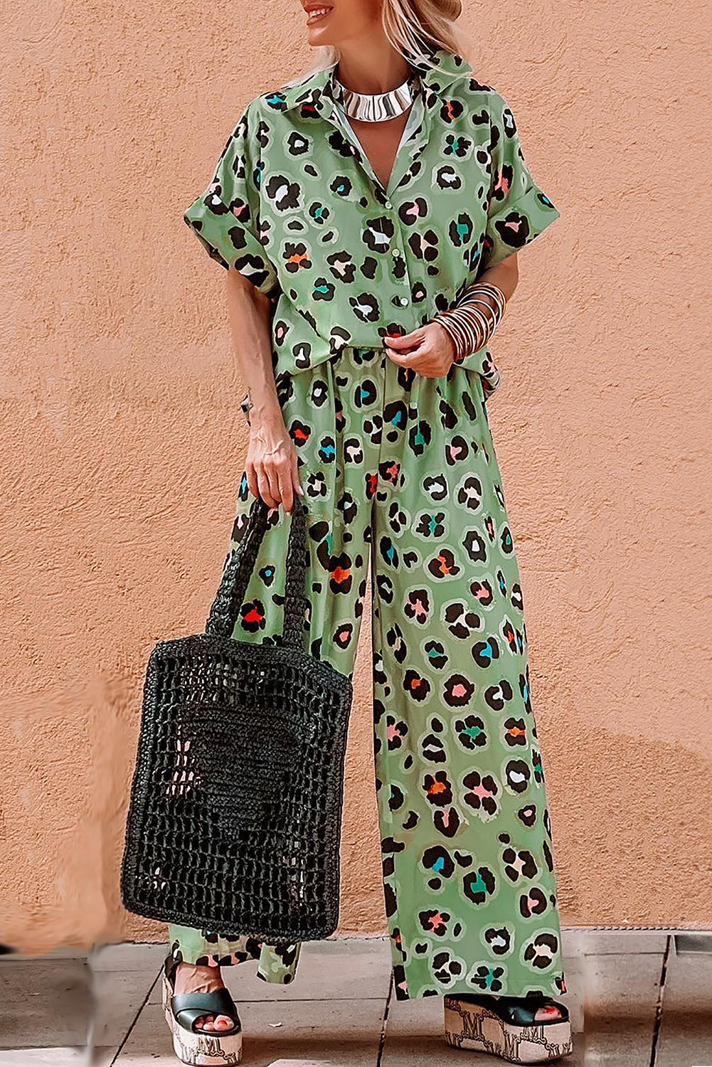 Leopard Print Short Sleeve Shirt and Wide Leg Pants Set