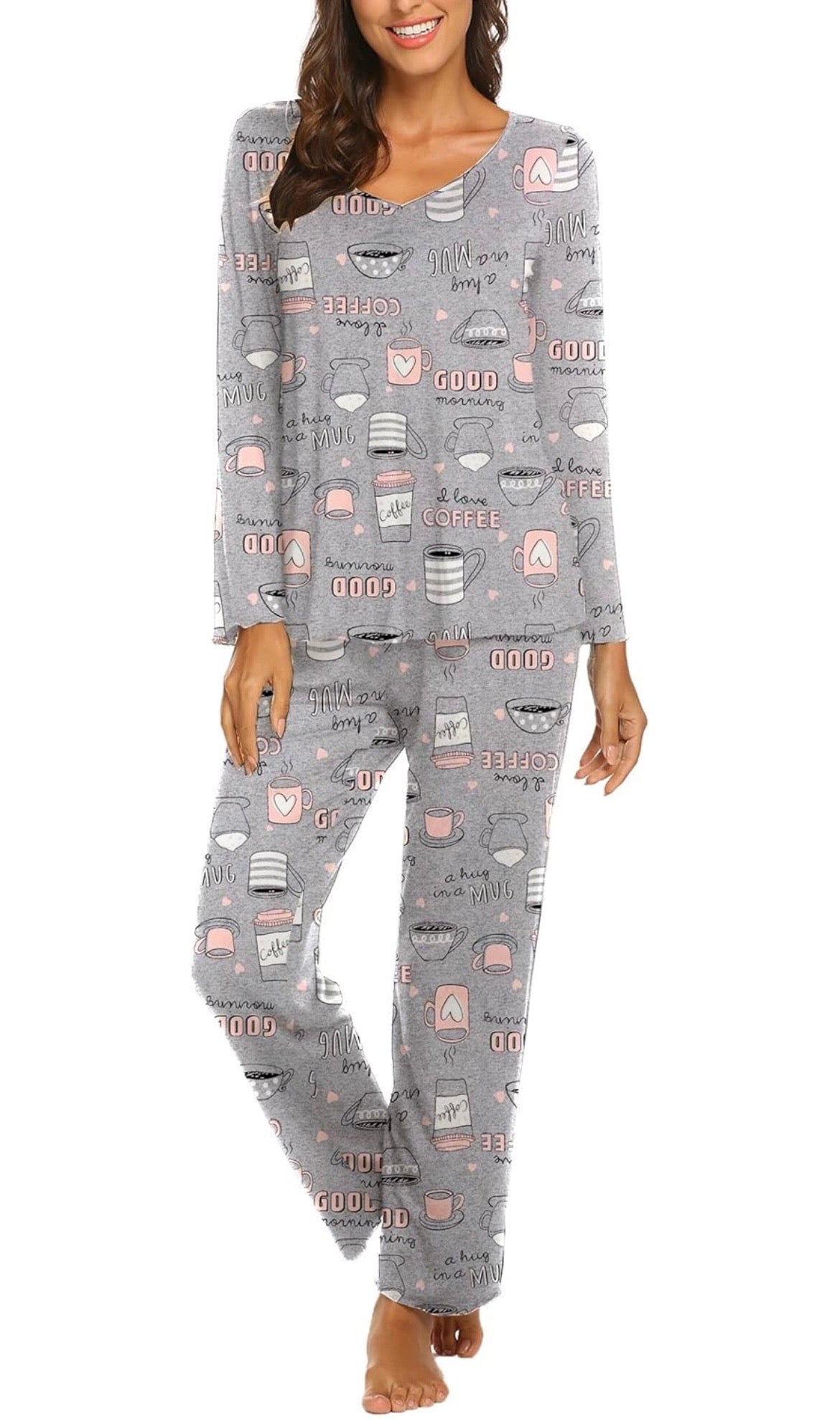 Grey Coffee Print Two Piece Long Sleeve Pajama Set