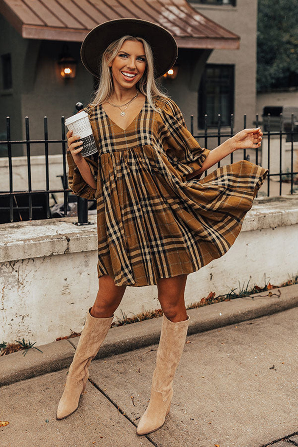 Brown Plaid Empire Waist Babydoll Dress