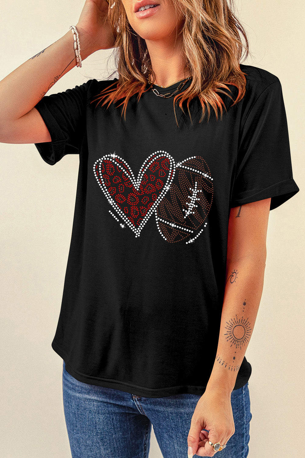 Black Rhinestone Heart Shape Graphic Tee