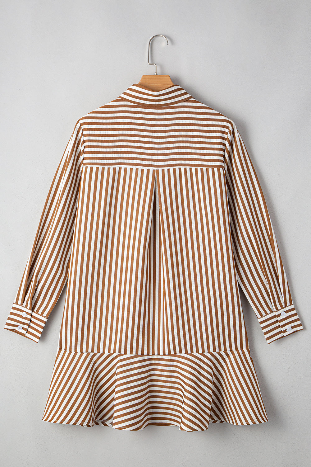 Brown Stripe Ruffle Hem Shirt Mini Dress