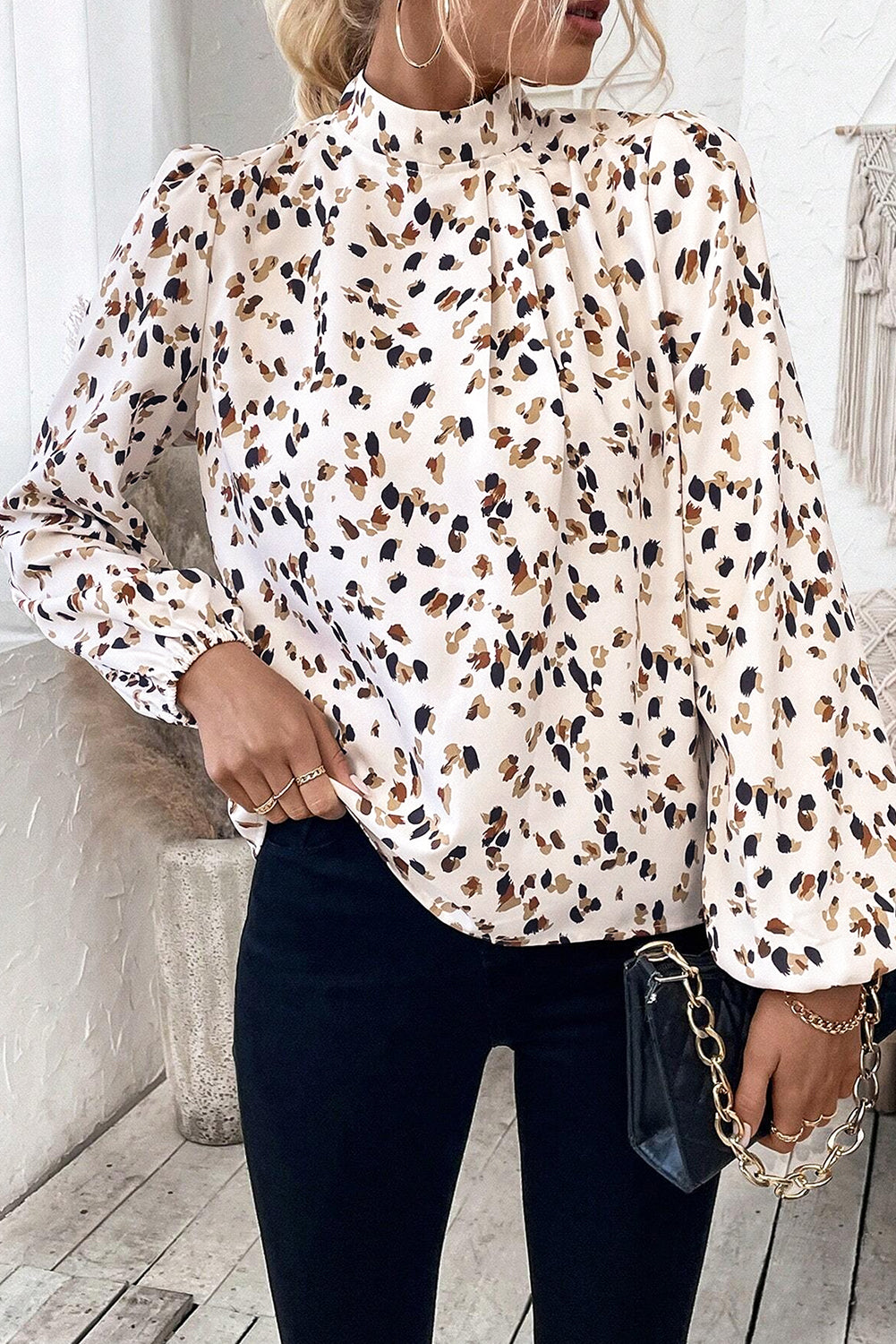 Leopard Print Puff Sleeve Pleated Blouse