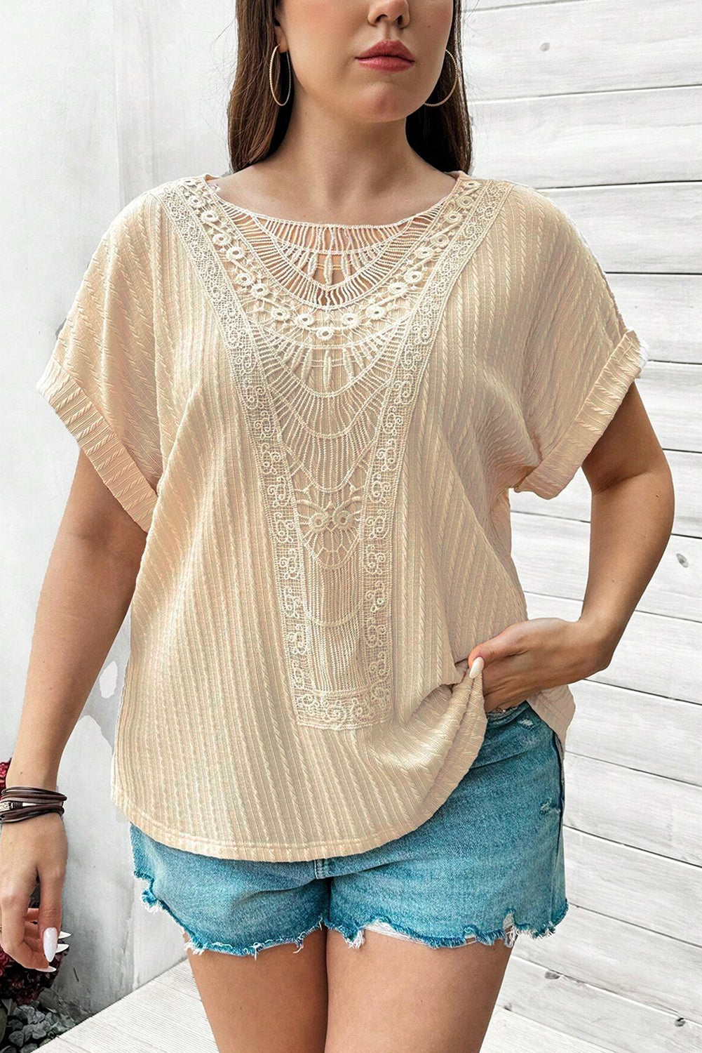 Beige Lace Crochet Short Sleeve Plus Size Top
