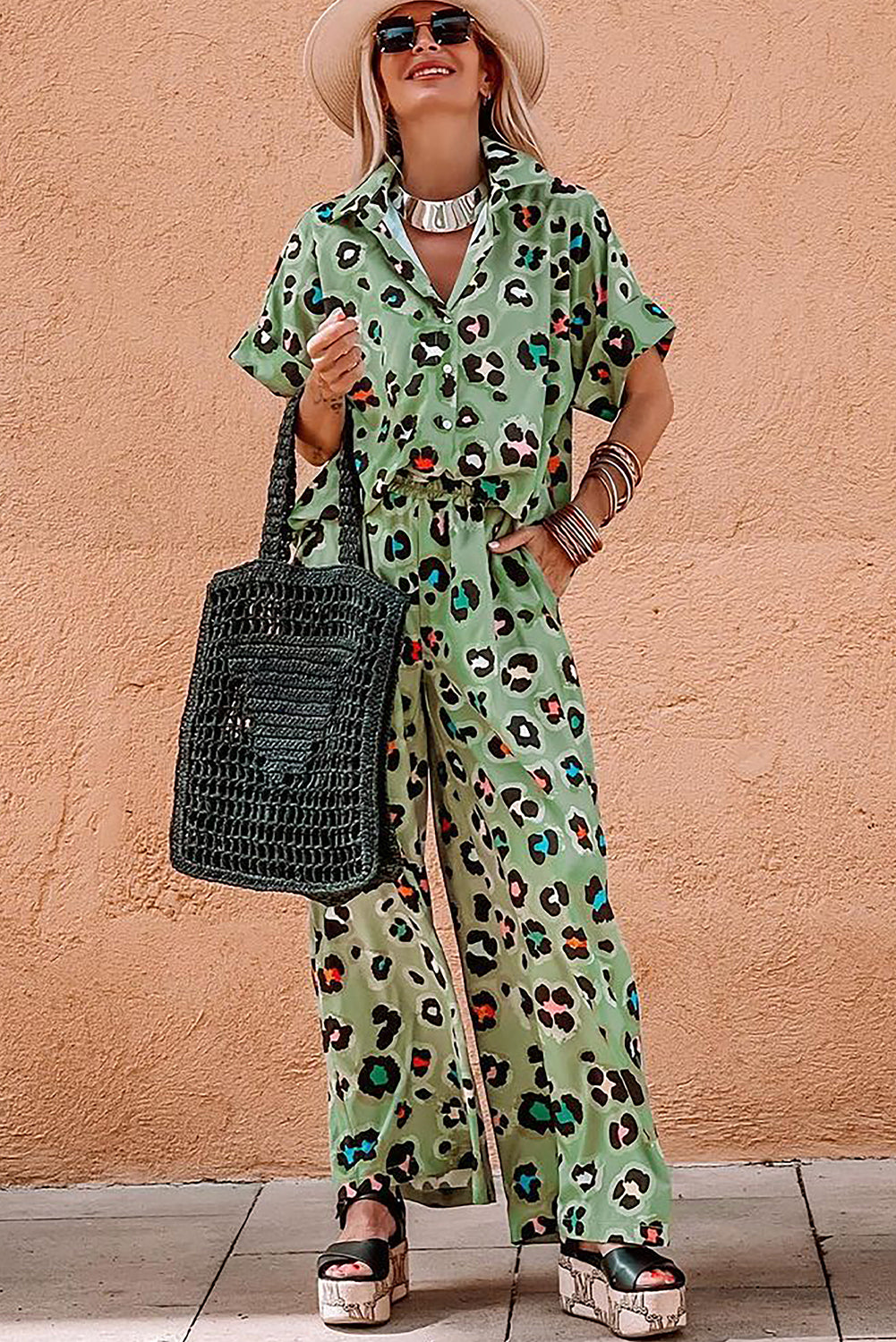 Leopard Print Short Sleeve Shirt and Wide Leg Pants Set