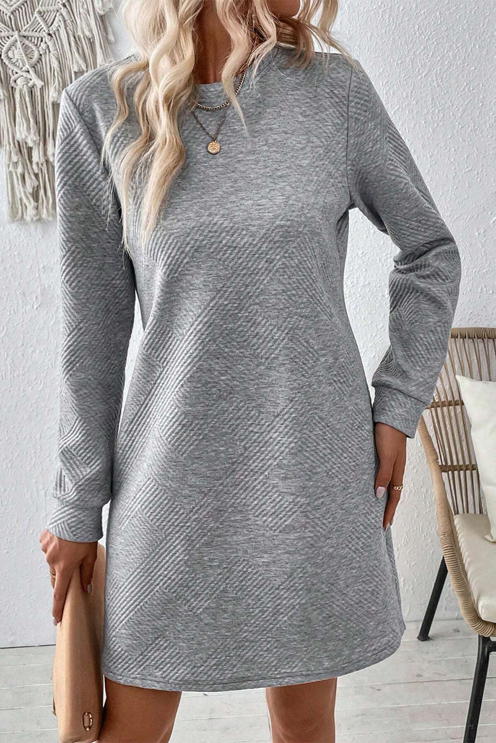 Plain Textured Long Sleeve Shift Short Dress (2 colors)