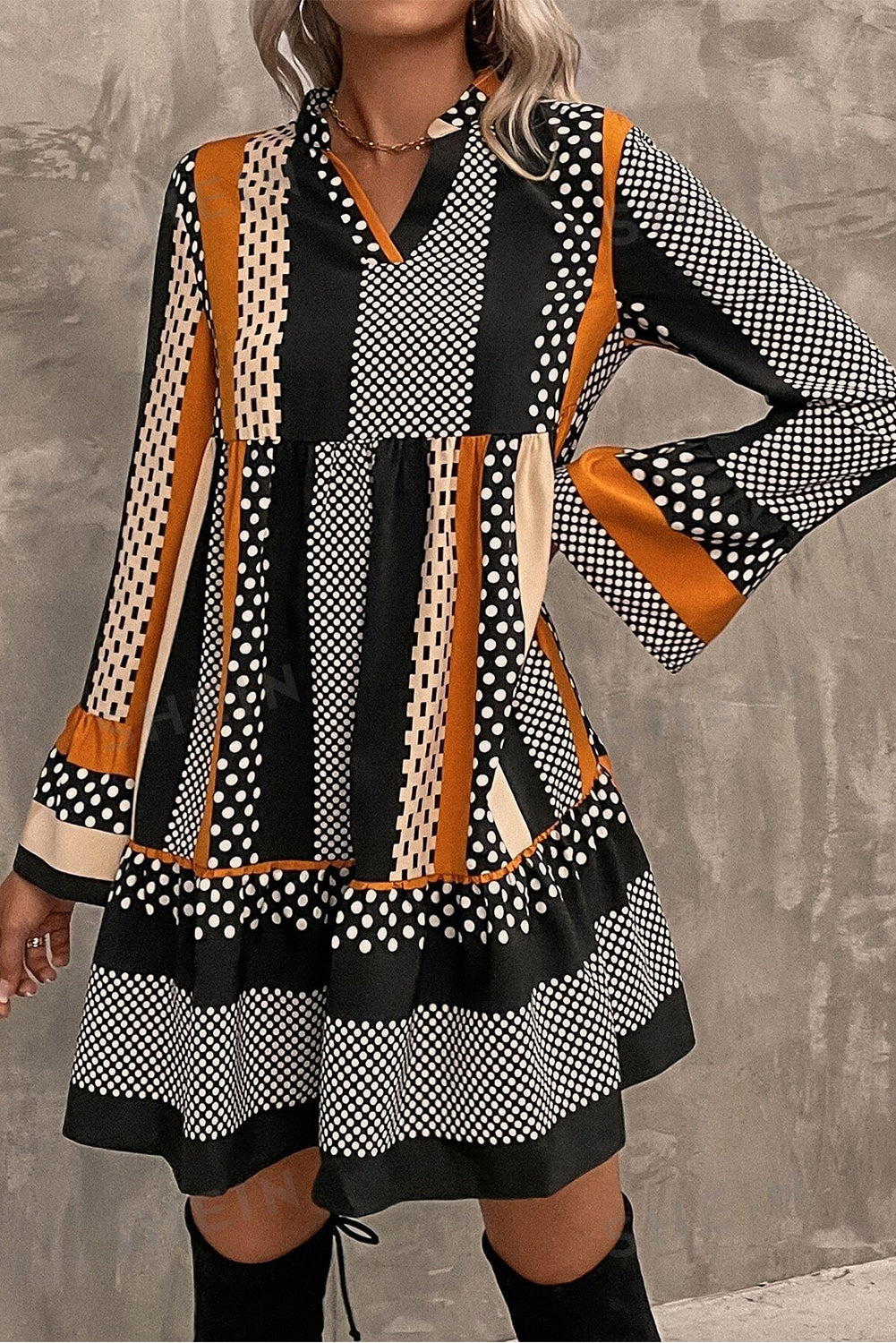 Striped Polka Dot Ruffle Hem Mini Dress