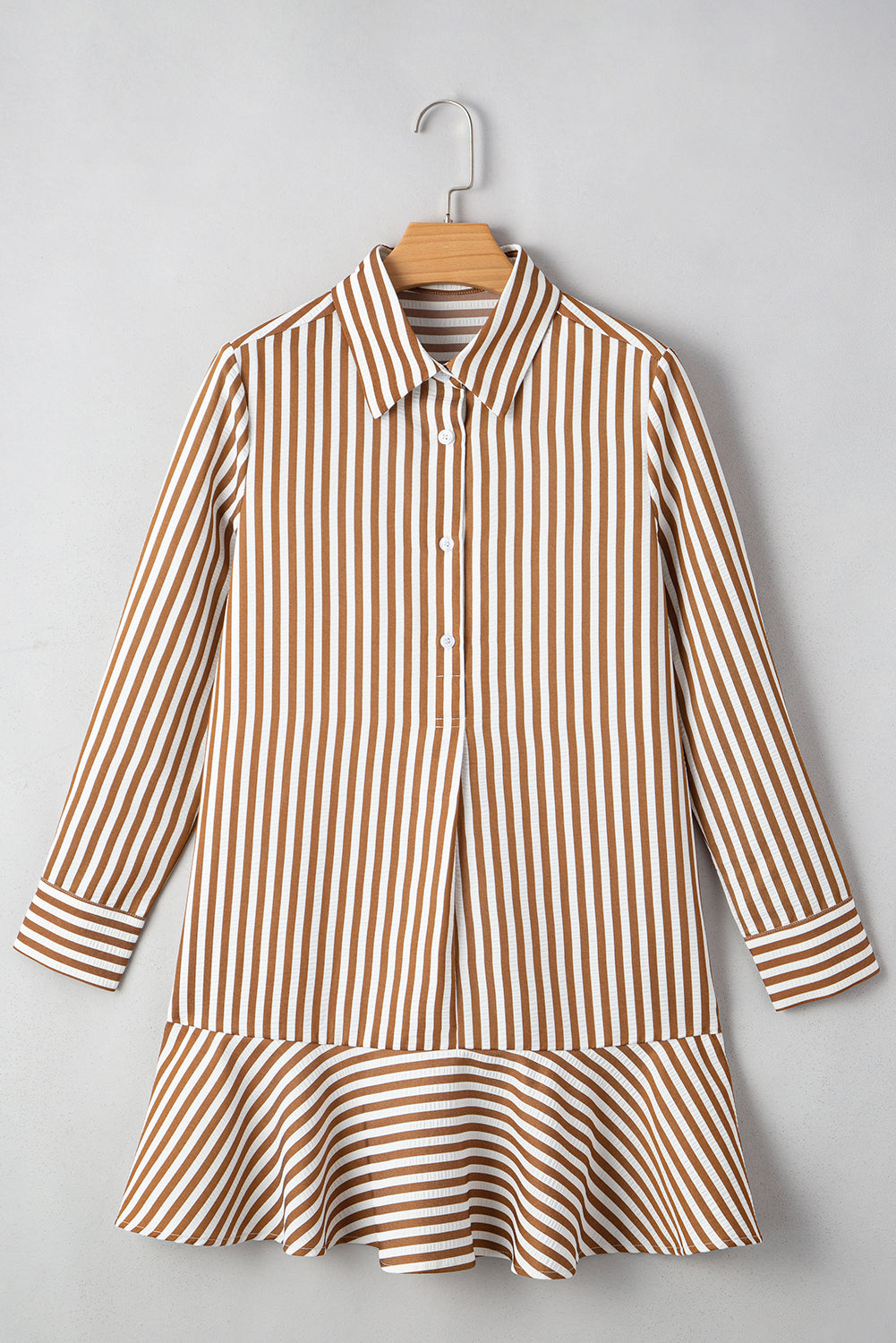 Brown Stripe Ruffle Hem Shirt Mini Dress