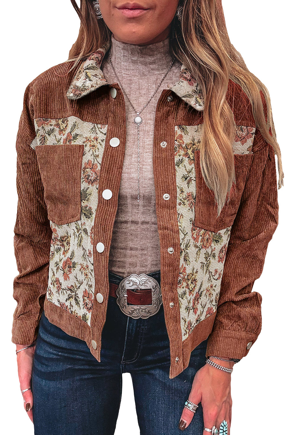 Sage Green Ribbed Retro Floral Patchwork Jacket
