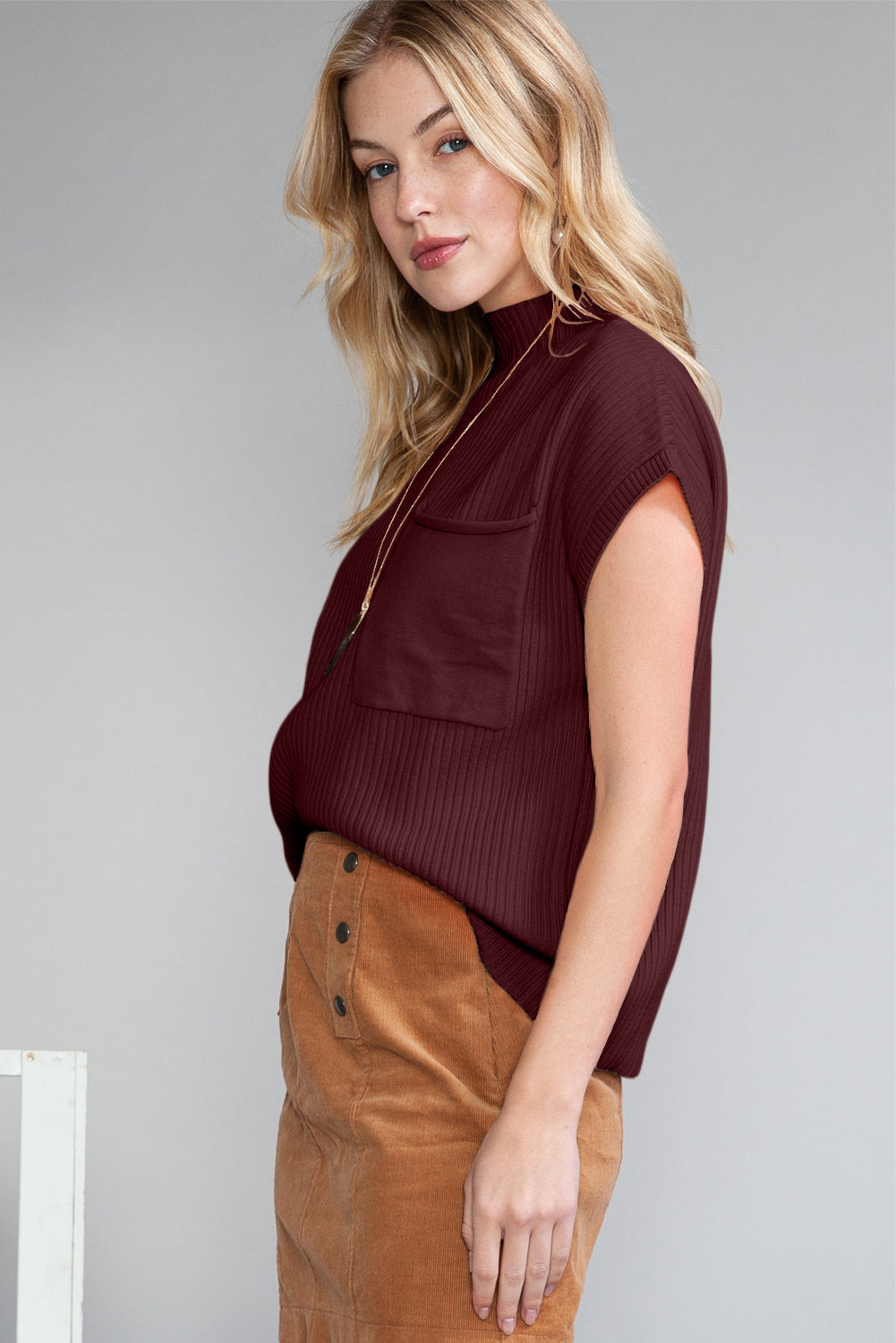 Patch Pocket Ribbed Short Sleeve Sweater