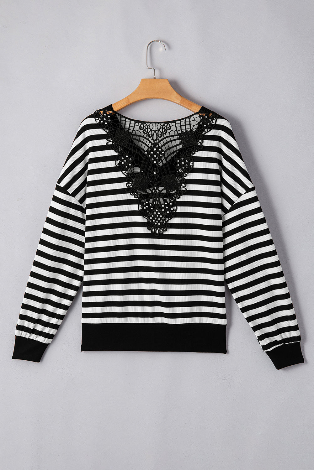 Black Stripe Crochet Hollow-out Shoulder Buttoned Decor V Neck Top