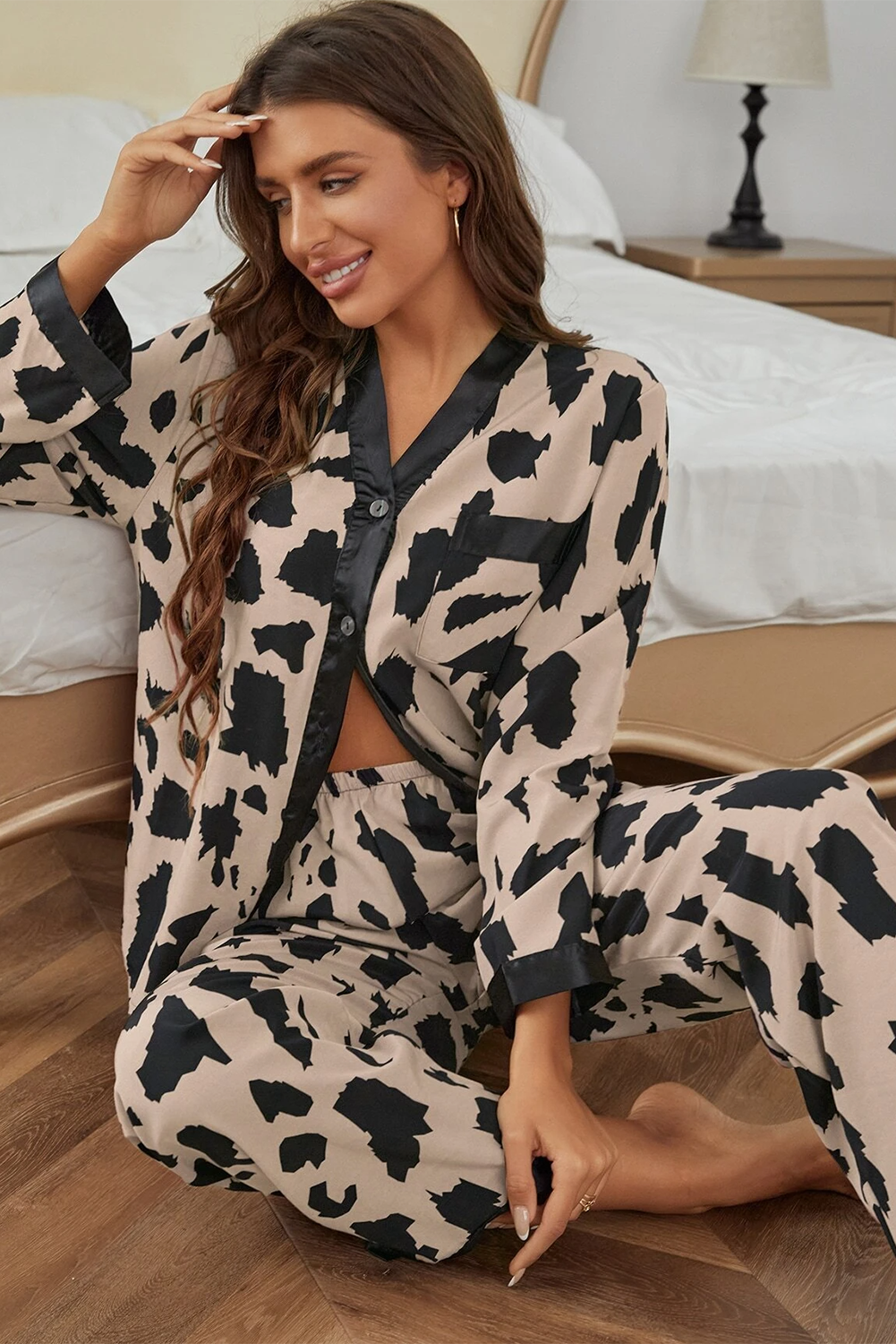 Khaki Cheetah Loose Fit Two Piece Pants Set