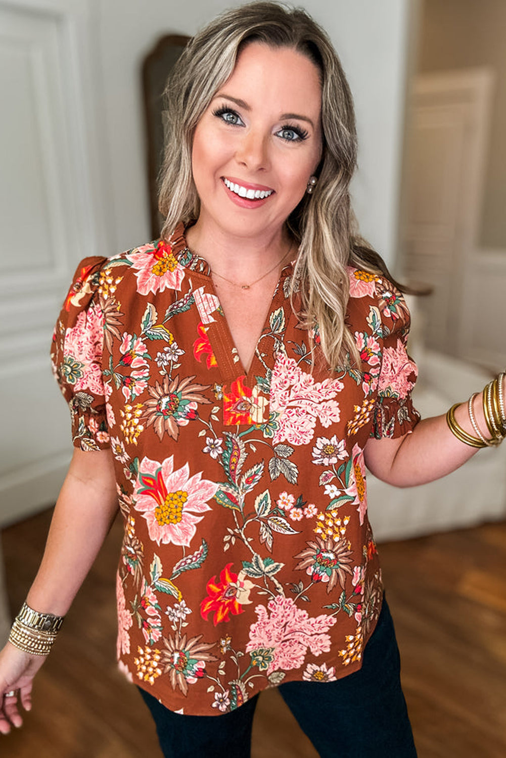 Brown Floral Stitched V Neck Puff Short Sleeve Blouse