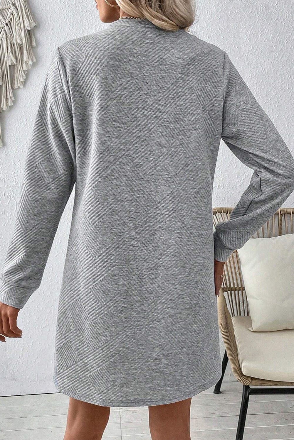 Plain Textured Long Sleeve Shift Short Dress (2 colors)