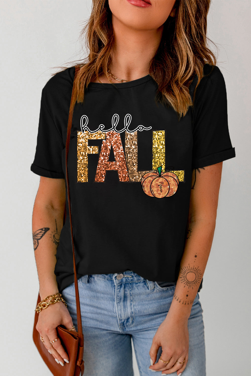 Hello Fall Letter Pumpkin Printed T Shirt