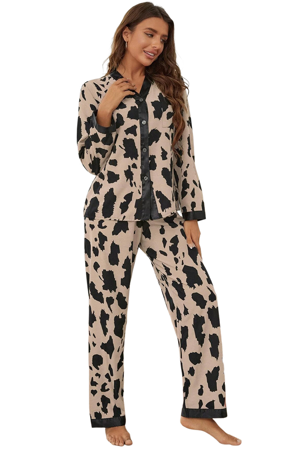 Khaki Cheetah Loose Fit Two Piece Pants Set