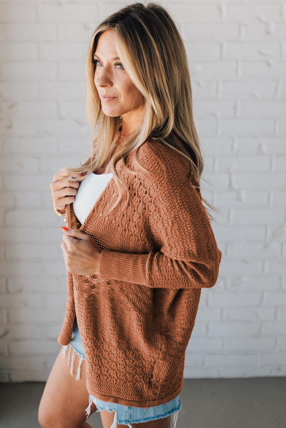 Mix Pattern Hollow Knit Open Front Cardigan