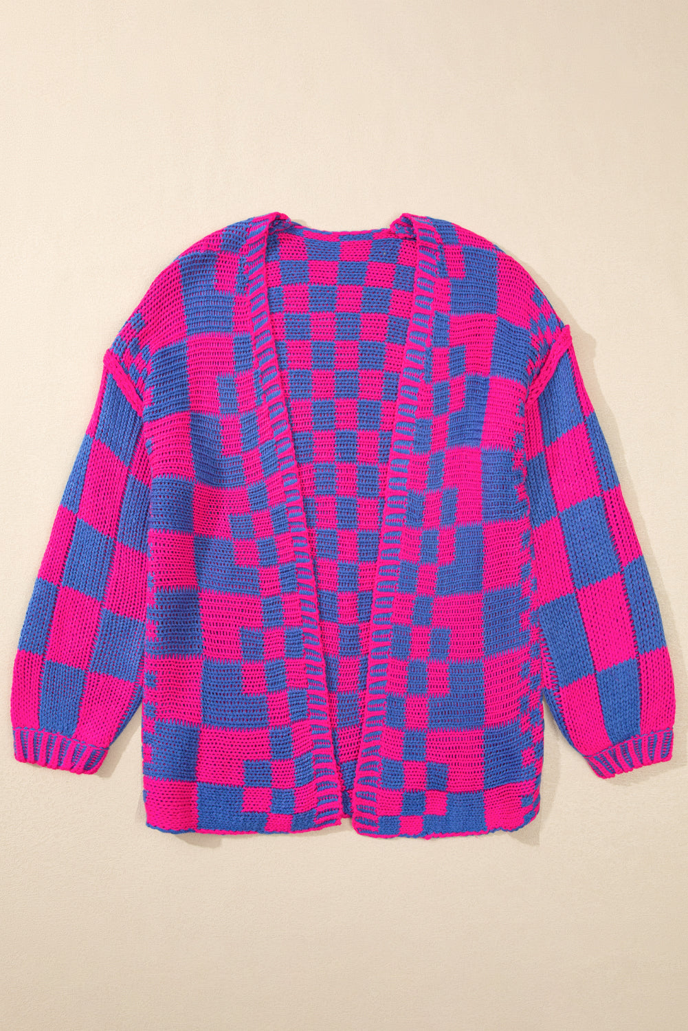 Colorblock Checked Loose Fit Open Front Knitted Cardigan