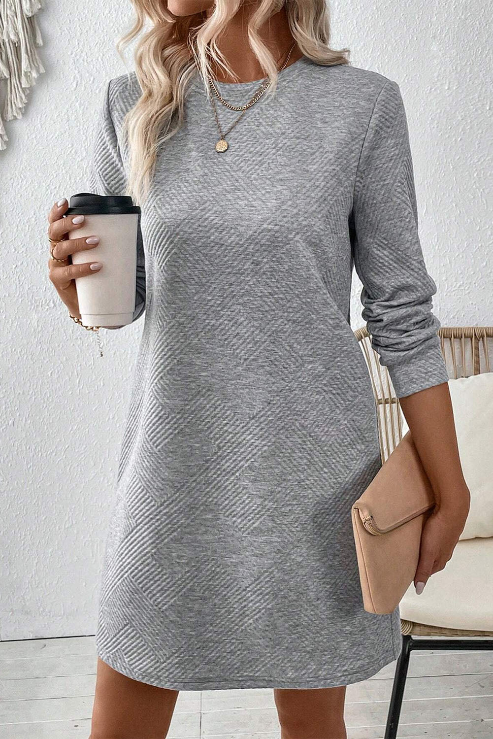 Plain Textured Long Sleeve Shift Short Dress (2 colors)