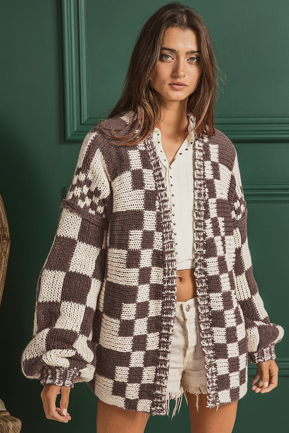 Colorblock Checked Loose Fit Open Front Knitted Cardigan