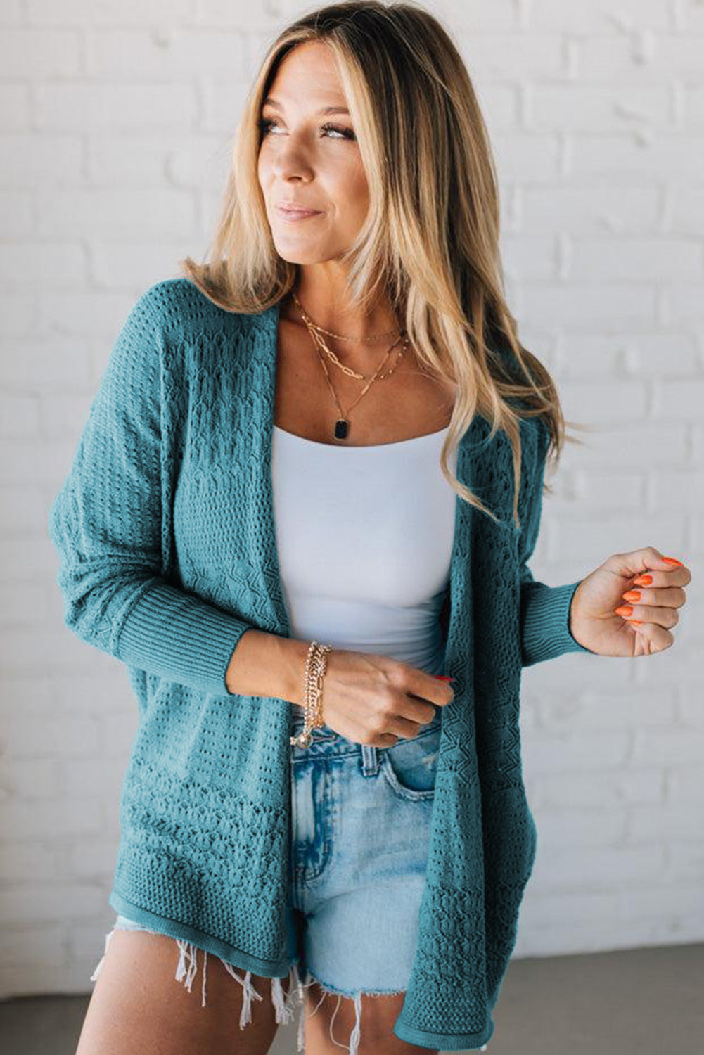 Mix Pattern Hollow Knit Open Front Cardigan