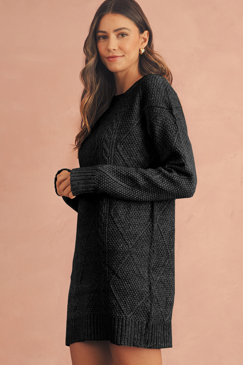 Twist Cable Knit Drop Shoulder Loose Fit Sweater Dress (4 colors)
