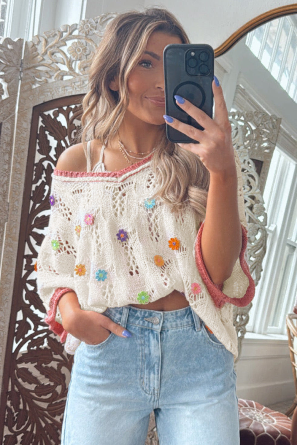Delicate Flowers & Hollow Crochet Knit Top