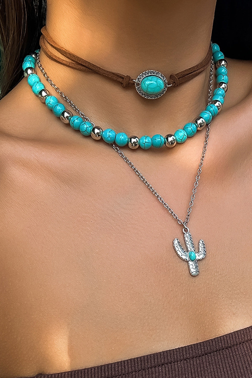 Turquoise Vintage Cactus Pendant Beaded Necklace Set