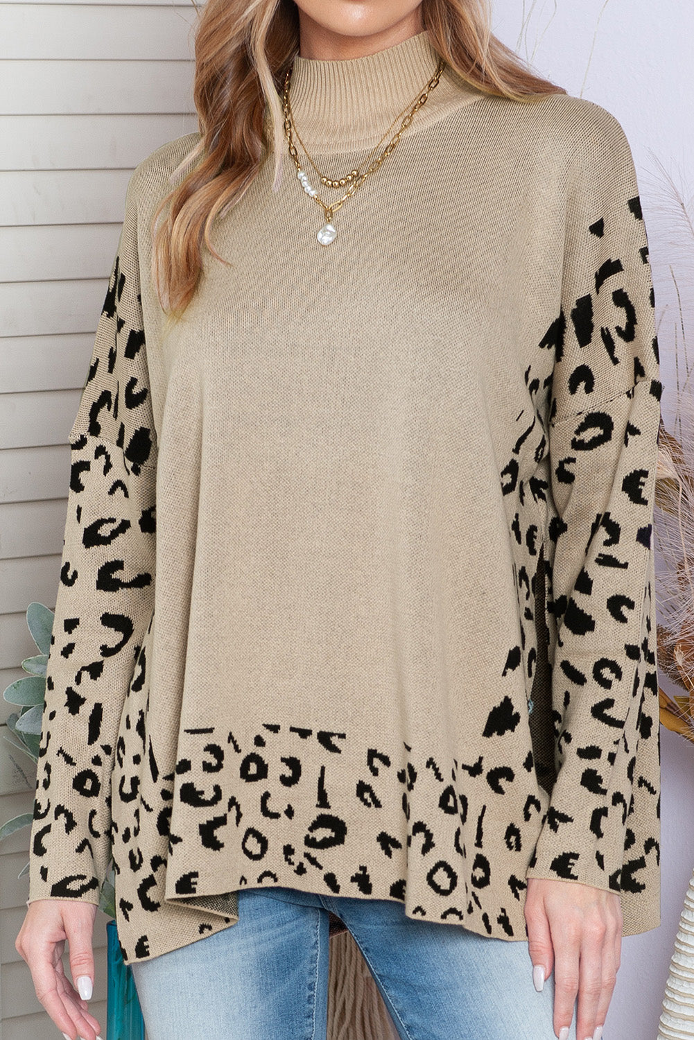 Khaki Leopard Side Slit Oversized Sweater