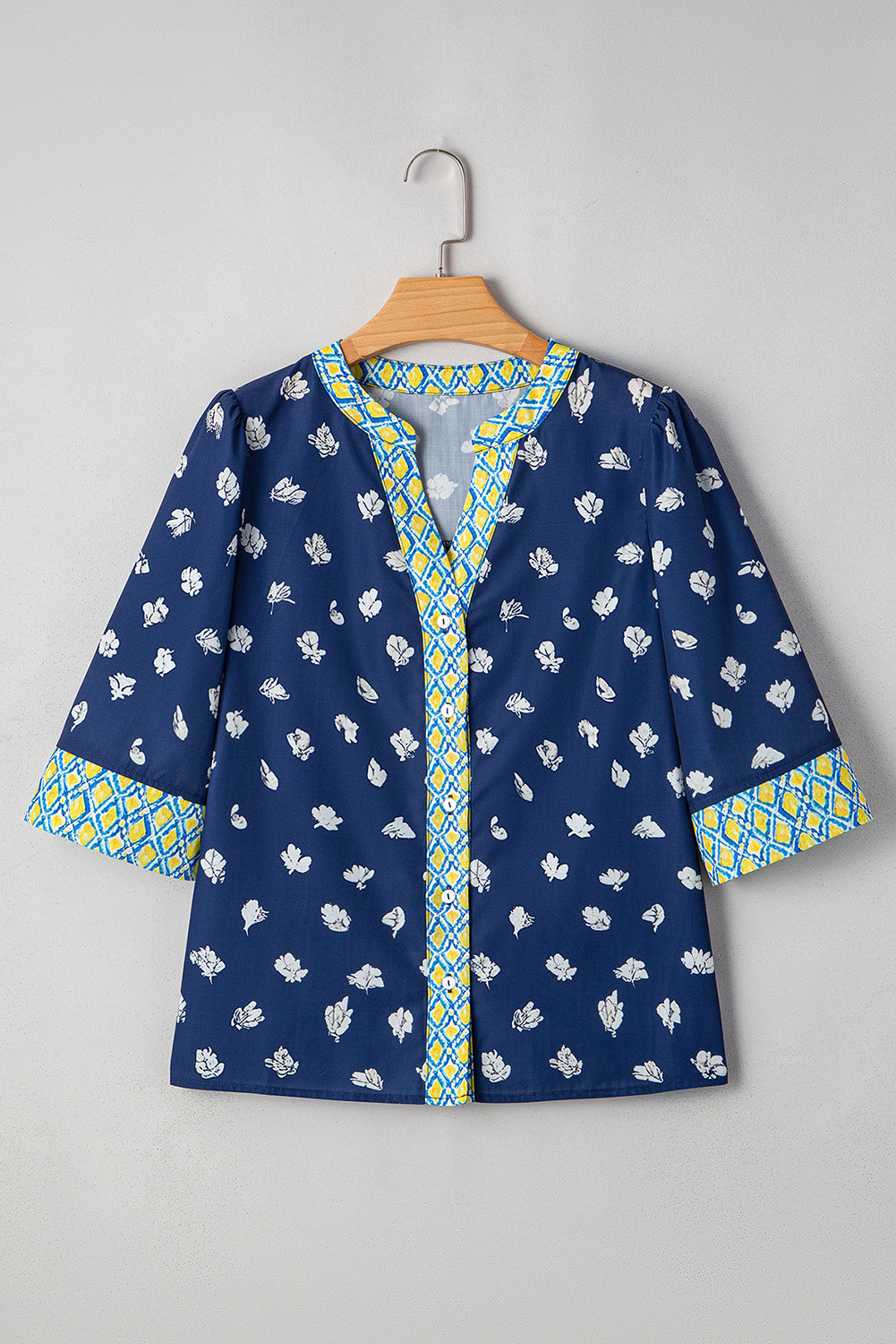 Floral Print Pop of Color V Neck Patchwork Blouse