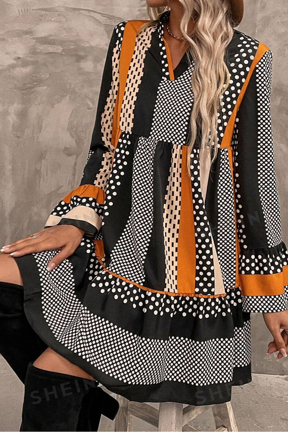 Striped Polka Dot Ruffle Hem Mini Dress