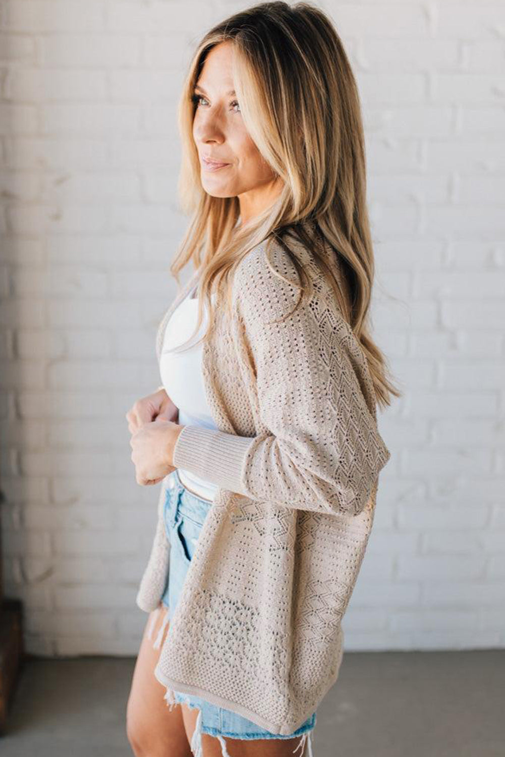 Mix Pattern Hollow Knit Open Front Cardigan